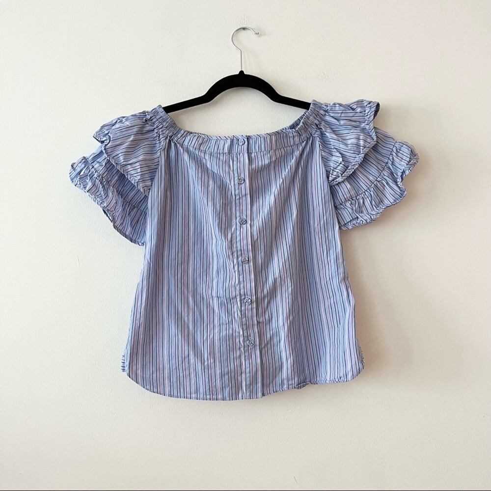 Parker Blue Striped Ruffle Off-the-Shoulder Blouse
